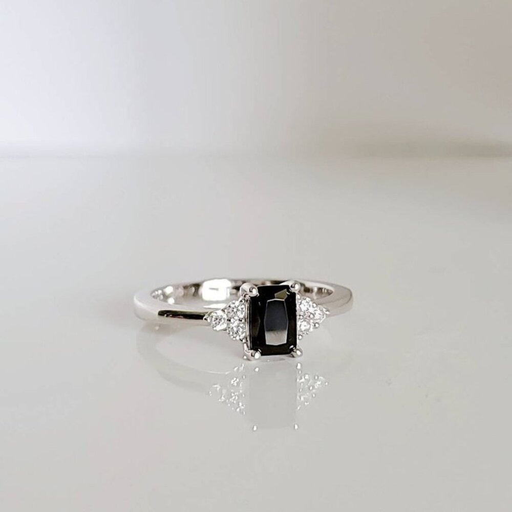 Sterling Silver Black Onyx Ring, Emerald Cut Women's Promise Ring, Anniversary,